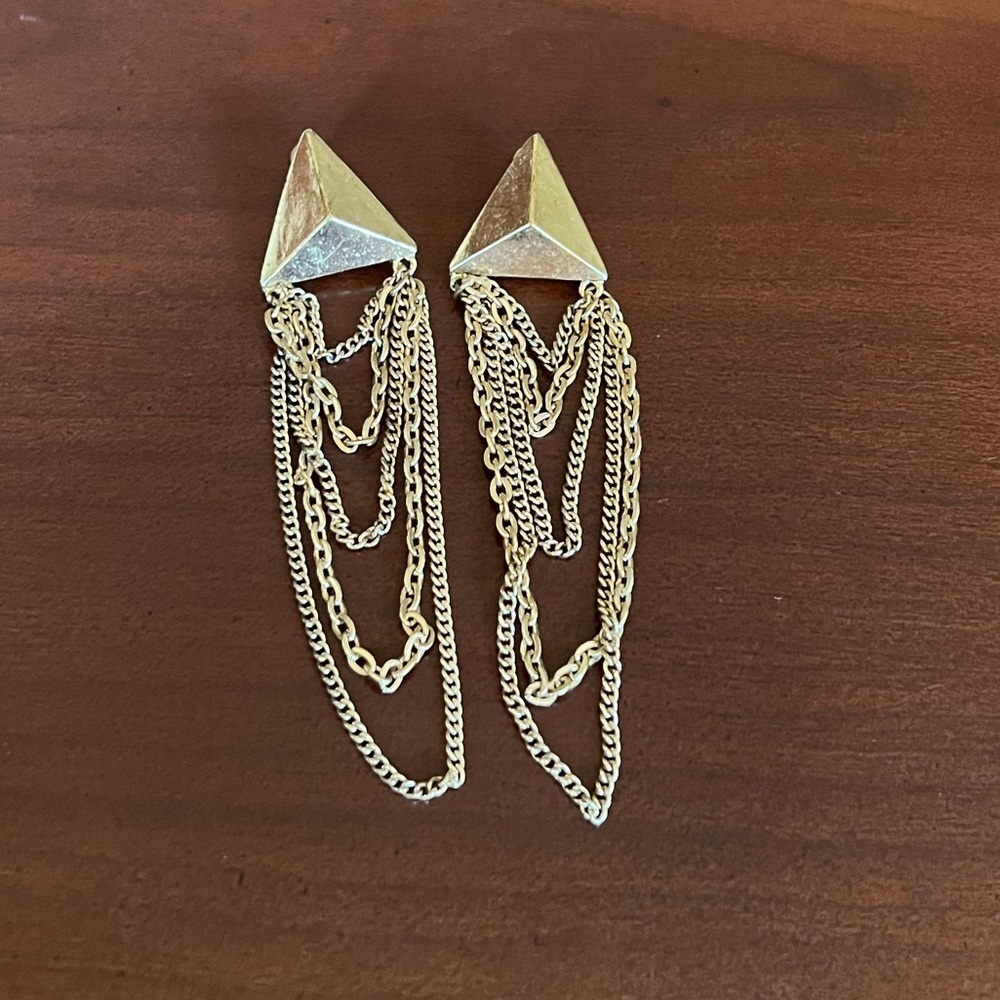 Gold triangle multi chain drop post earrings